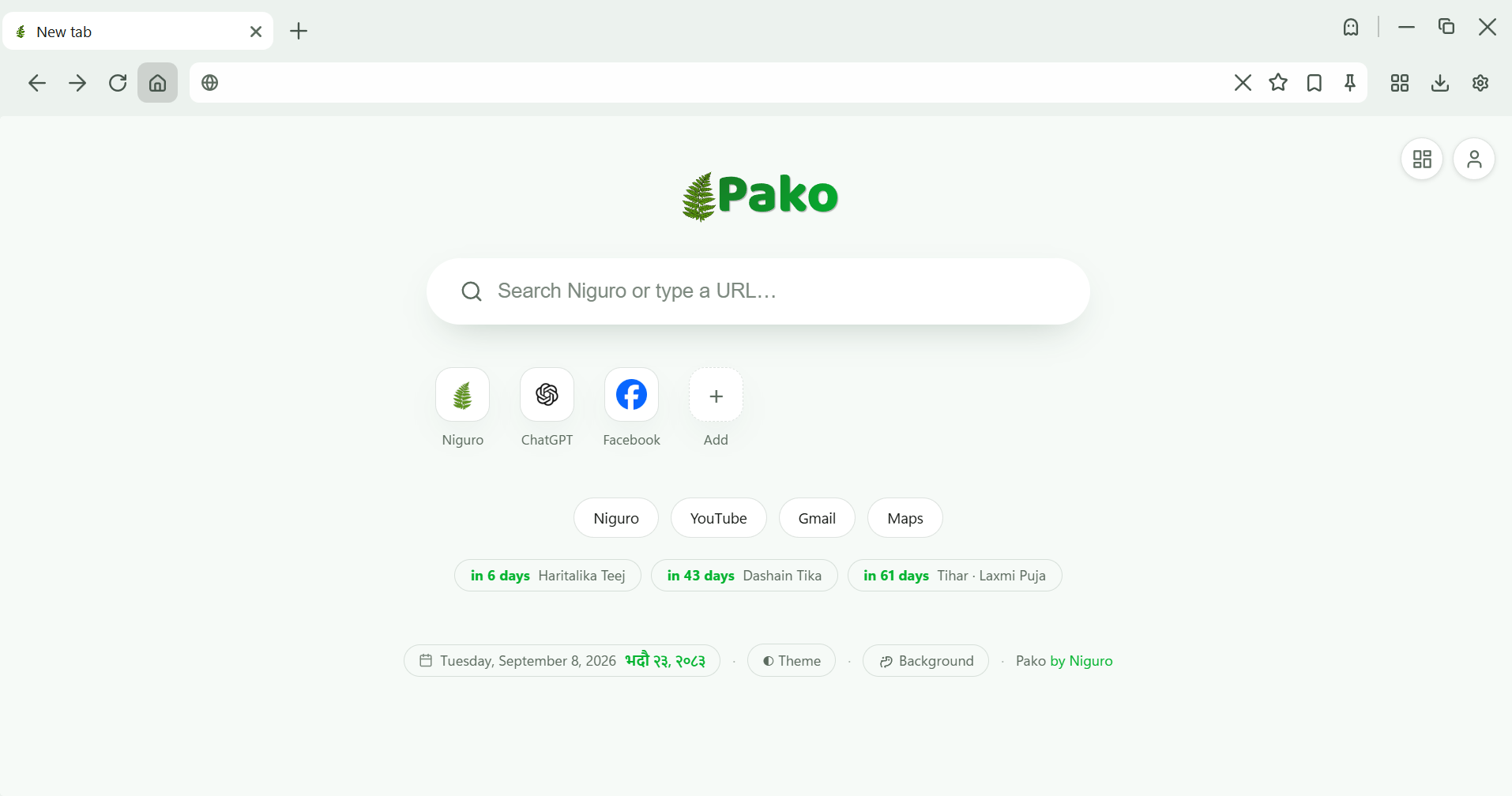 Pako new tab page with Niguro search