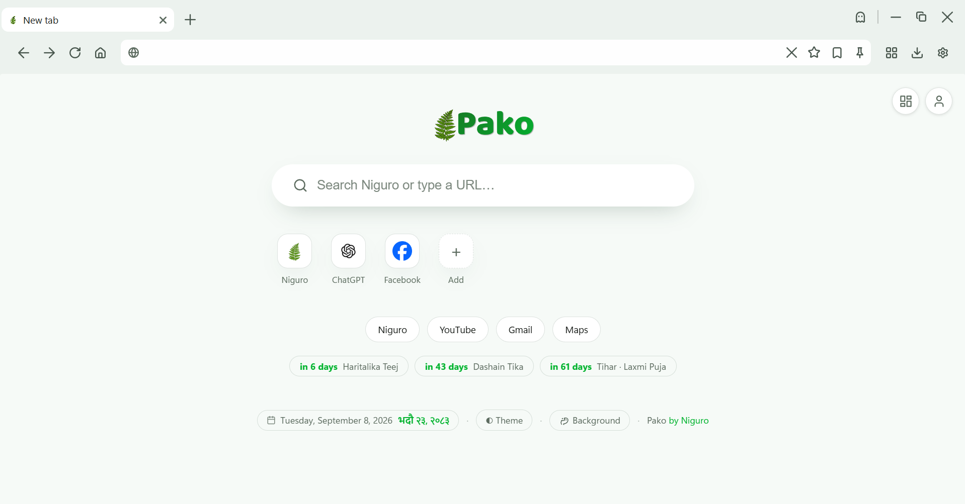 Pako new tab with shortcuts and festival countdowns