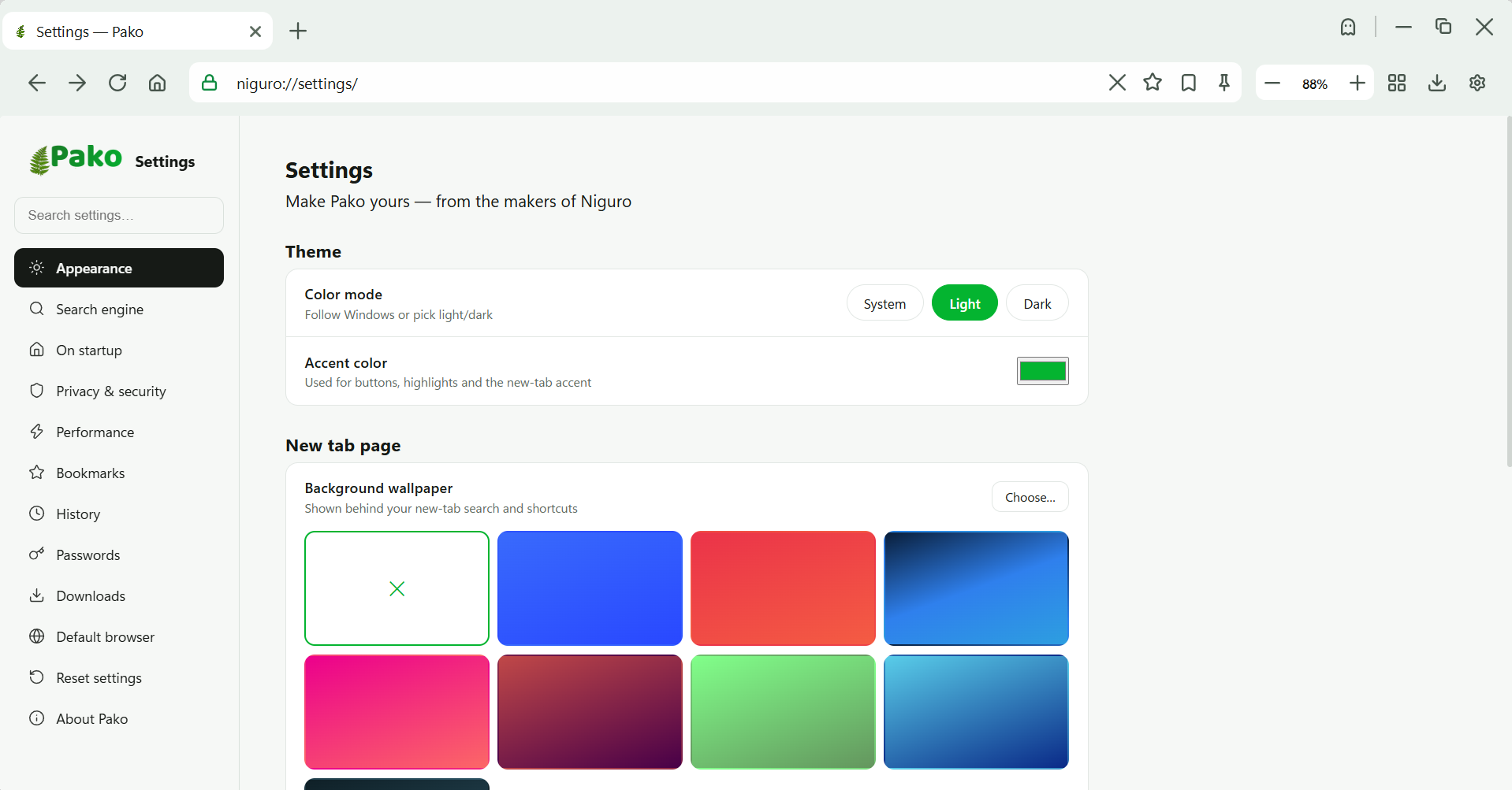Pako settings page